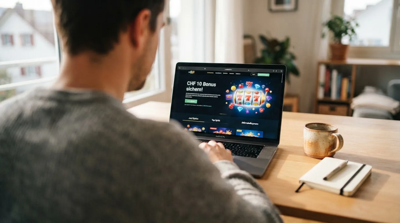 Person am Laptop liest eine Übersichtsseite zu Geldspielen im Internet — 10 franken bonus ohne einzahlung casino