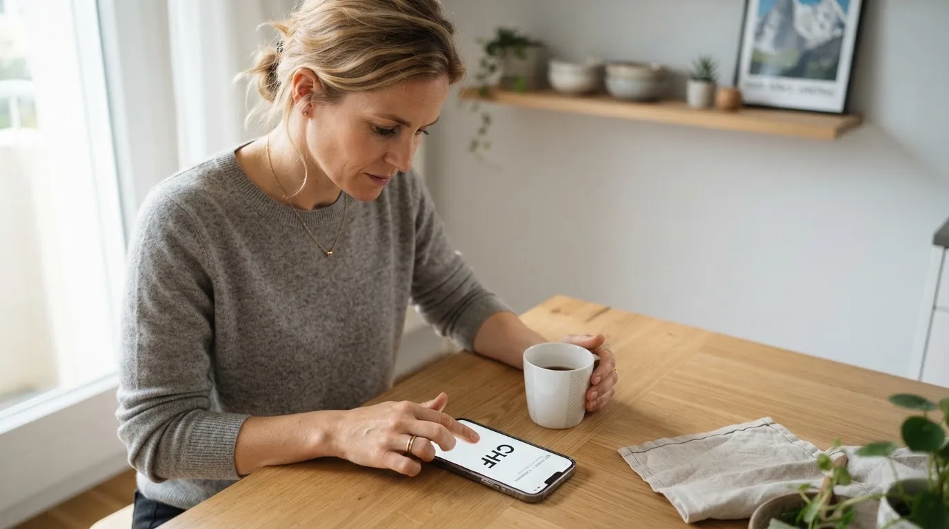 Frau tippt konzentriert auf ihrem Smartphone an einem Küchentisch, eine Tasse Kaffee steht griffbereit daneben.