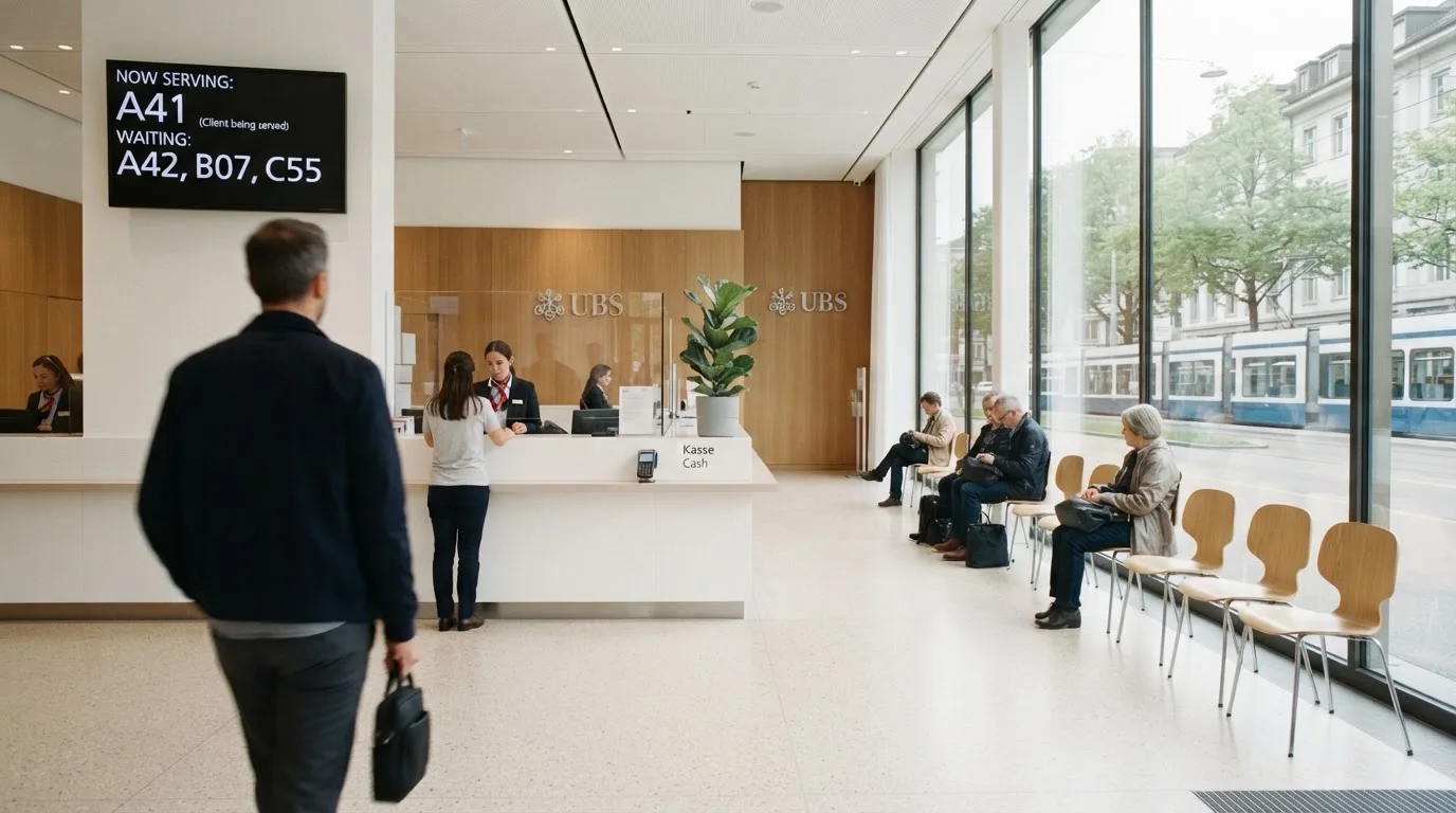 Blick auf eine helle Bankfiliale mit Wartebereich, im Vordergrund unscharf eine Person mit Jacke.