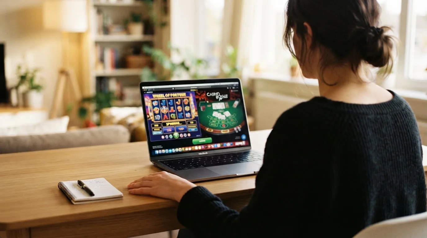 Person am Laptop liest eine Übersichtsseite zu Geldspielen im Internet — 15 franken bonus ohne einzahlung casino