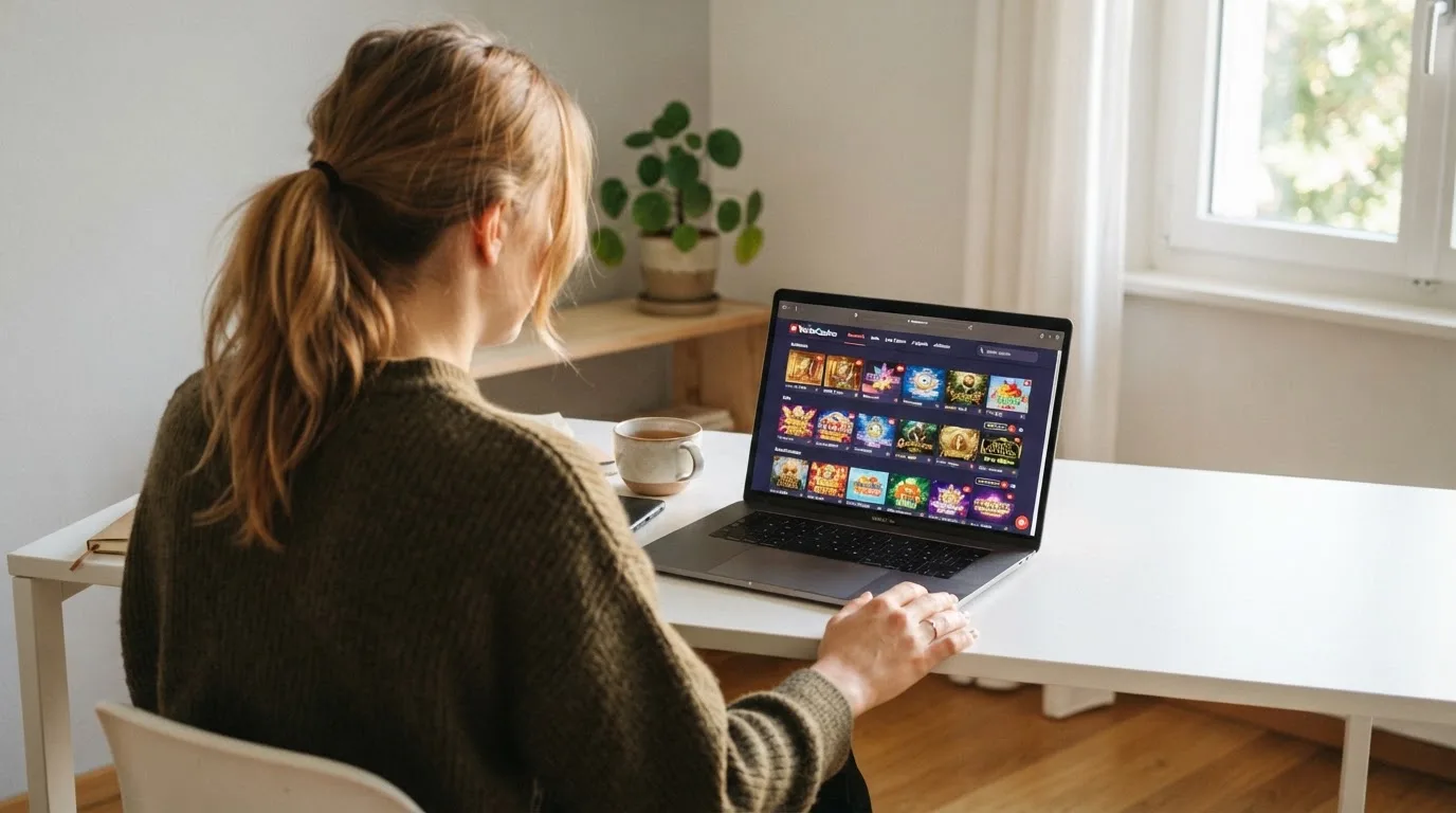 Person am Laptop liest eine Übersichtsseite zu Geldspielen im Internet — 150 freispiele ohne einzahlung