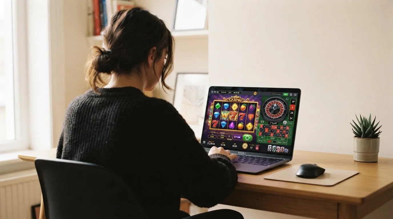 Person am Laptop liest eine Übersichtsseite zu Geldspielen im Internet — 20 franken bonus ohne einzahlung casino