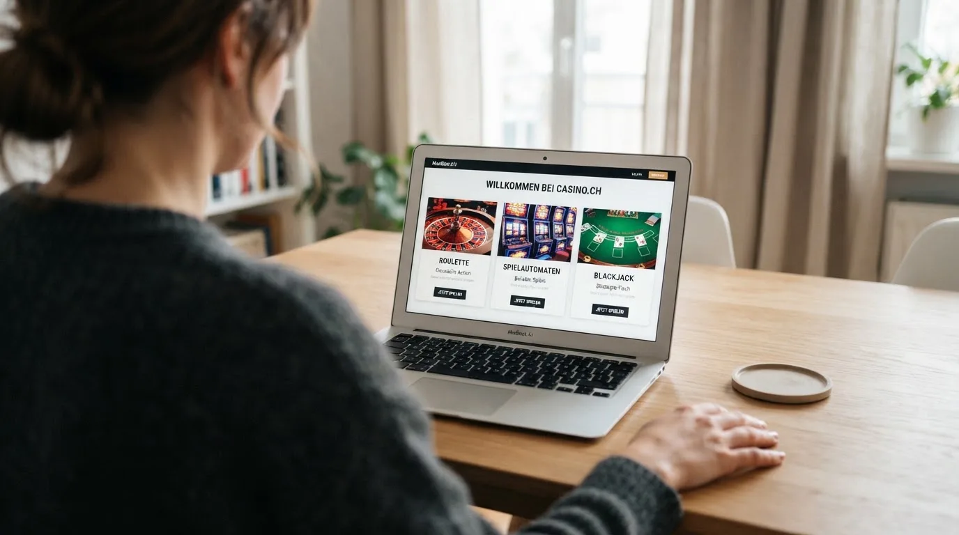 Person am Laptop liest eine Übersichtsseite zu Geldspielen im Internet — 20 freispiele ohne einzahlung