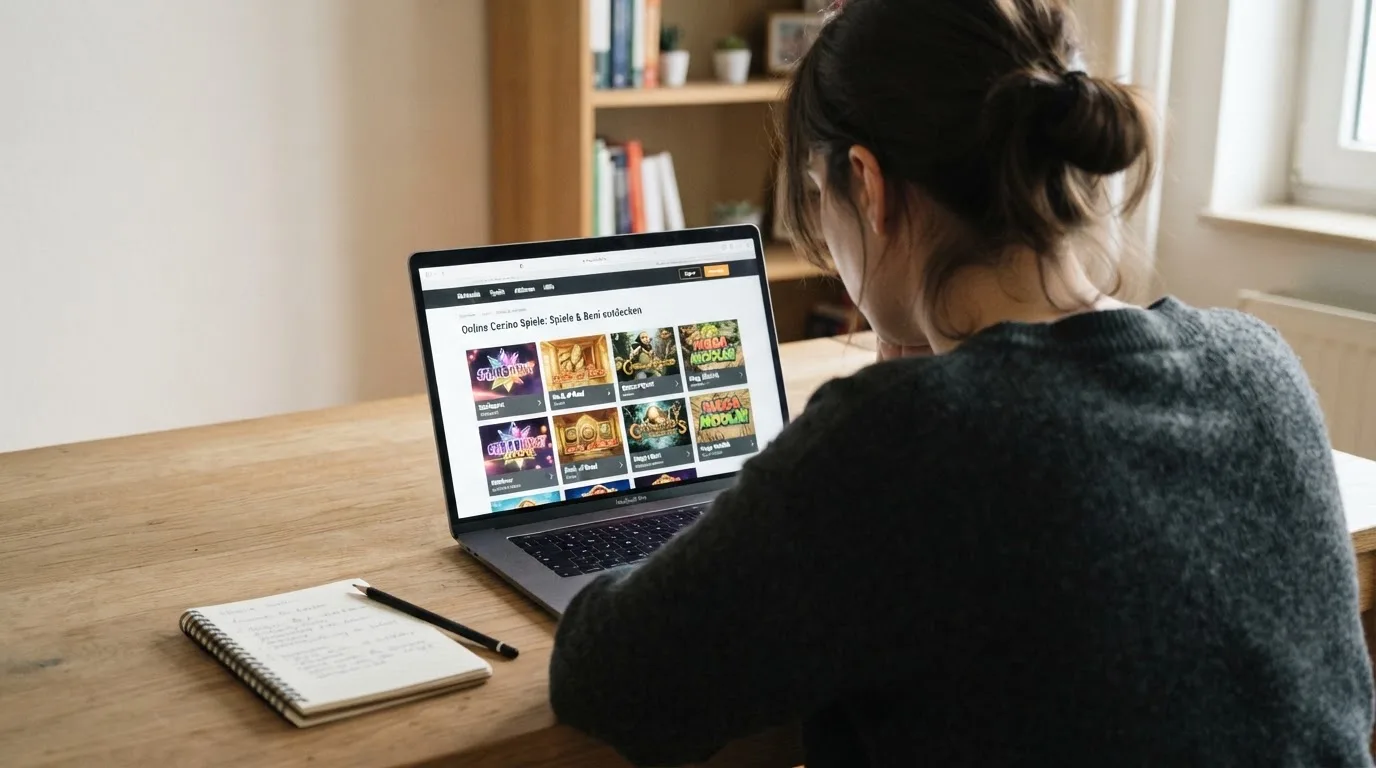 Person am Laptop liest eine Übersichtsseite zu Geldspielen im Internet — 30 franken bonus ohne einzahlung casino