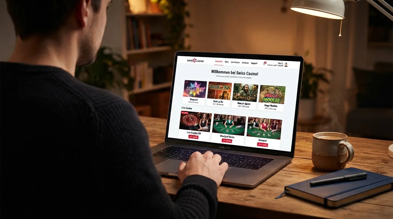 Person am Laptop liest eine Übersichtsseite zu Geldspielen im Internet — 5 franken bonus ohne einzahlung casino