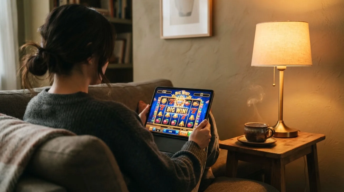Person sitzt entspannt mit Tablet auf dem Sofa, warmes Lampenlicht, eine Tasse Tee steht daneben auf einem kleinen Tisch.