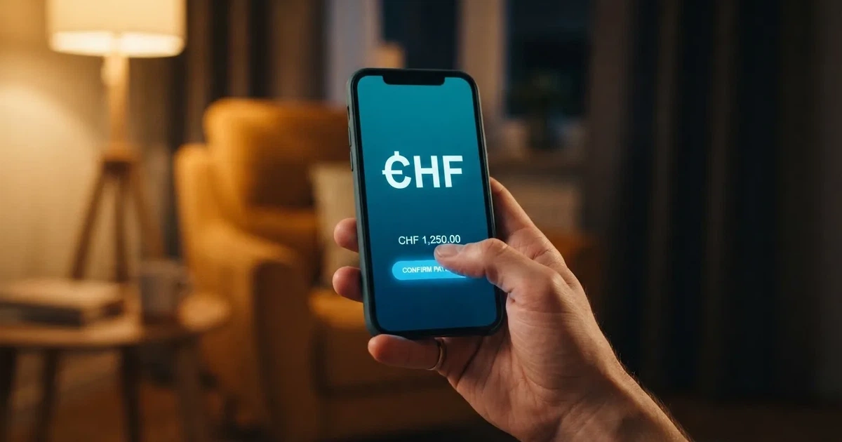 Nahaufnahme einer Hand, die auf einem Smartphone eine Zahlungsbestätigung antippt, im Hintergrund eine gemütliche Wohnzimmerecke am Abend.