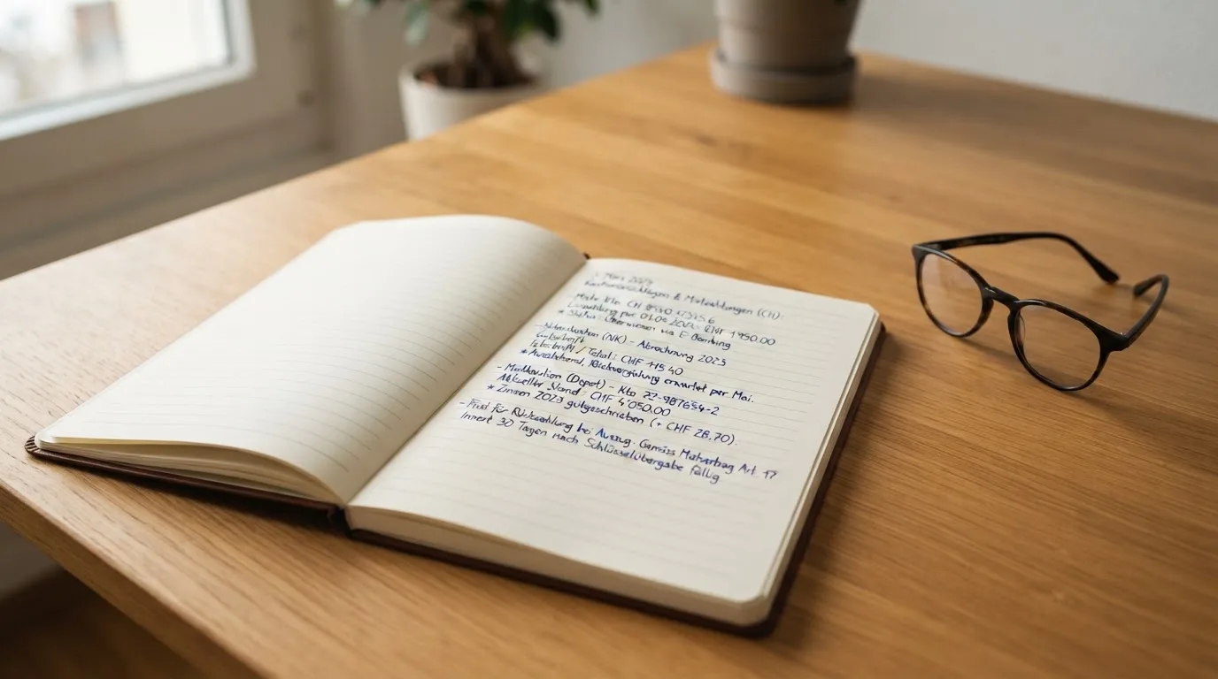 Ein Notizbuch mit handschriftlichen Stichpunkten liegt neben einer Brille auf einem Holzschreibtisch bei Tageslicht.