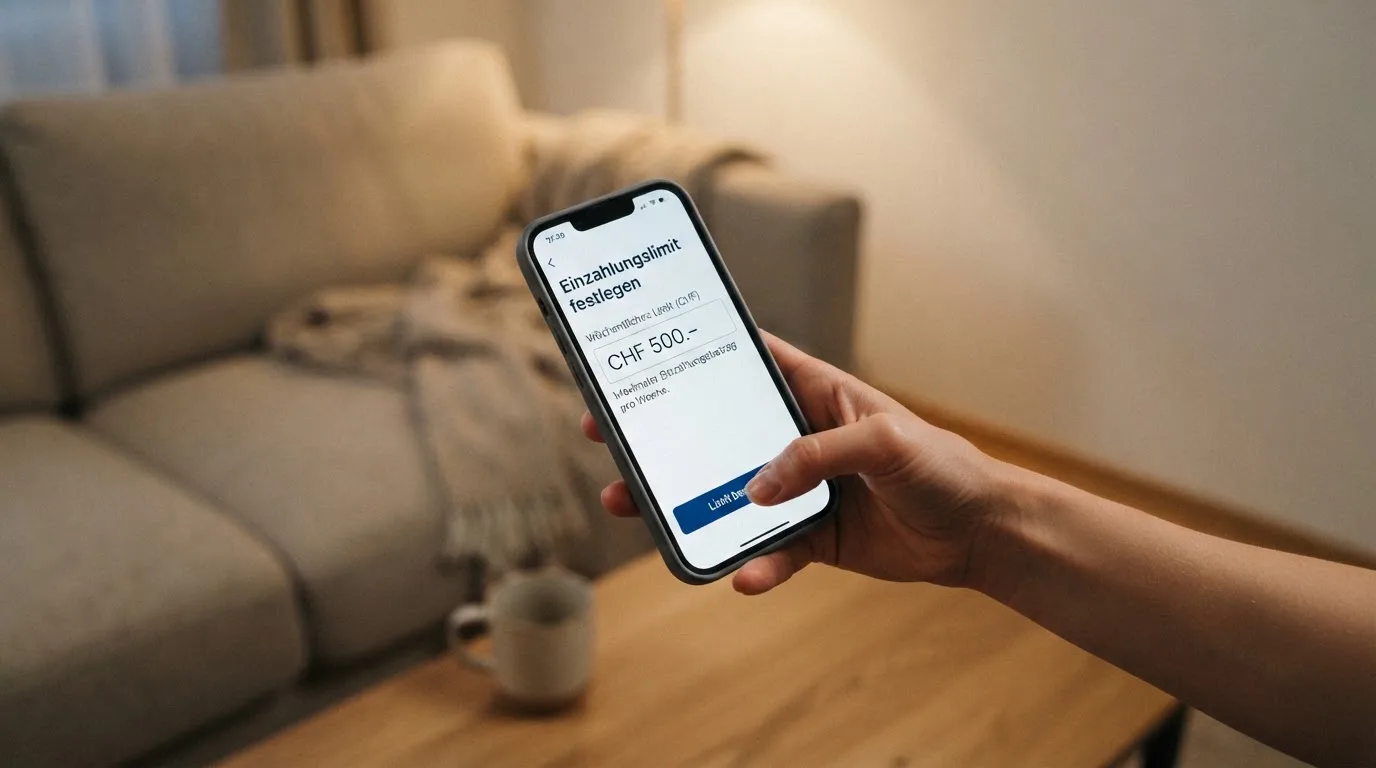 Hand hält ein Smartphone mit einem Formular zur Einzahlungsgrenze, ruhige Stimmung — beste ausländische casinos für schweizer spieler