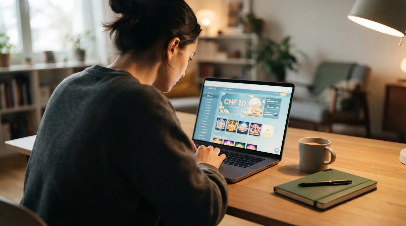Person am Laptop liest eine Übersichtsseite zu Geldspielen im Internet — beste auszahlungsquote online casino