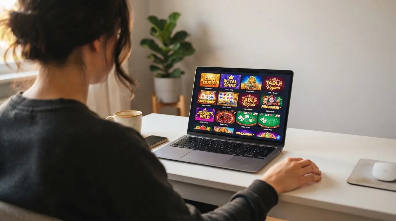 Person am Laptop liest eine Übersichtsseite zu Geldspielen im Internet — beste casino mit schneller auszahlung