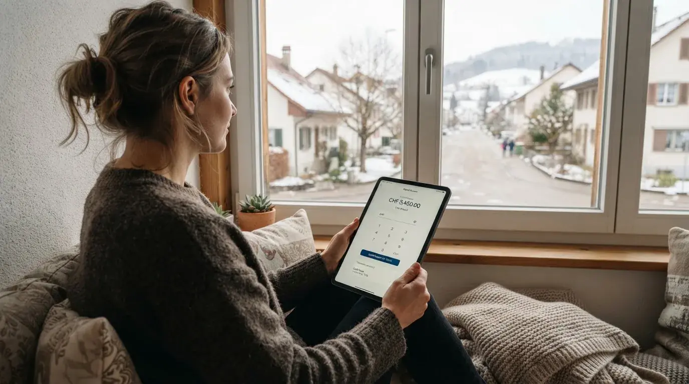 Frau sitzt mit einem Tablet auf einer Fensterbank, Blick nach draussen auf eine ruhige Strasse.