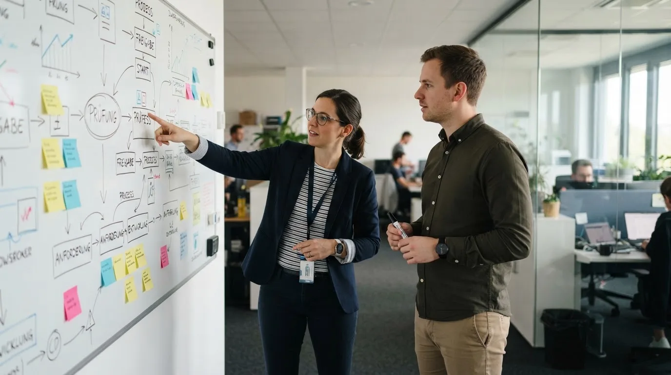 Zwei Kollegen besprechen an einem Whiteboard mit Notizen einen Ablauf, Grossraumbüro im Hintergrund.