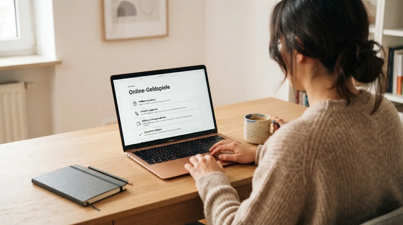 Person am Laptop liest eine Übersichtsseite zu Geldspielen im Internet — beste craps online casinos schweiz