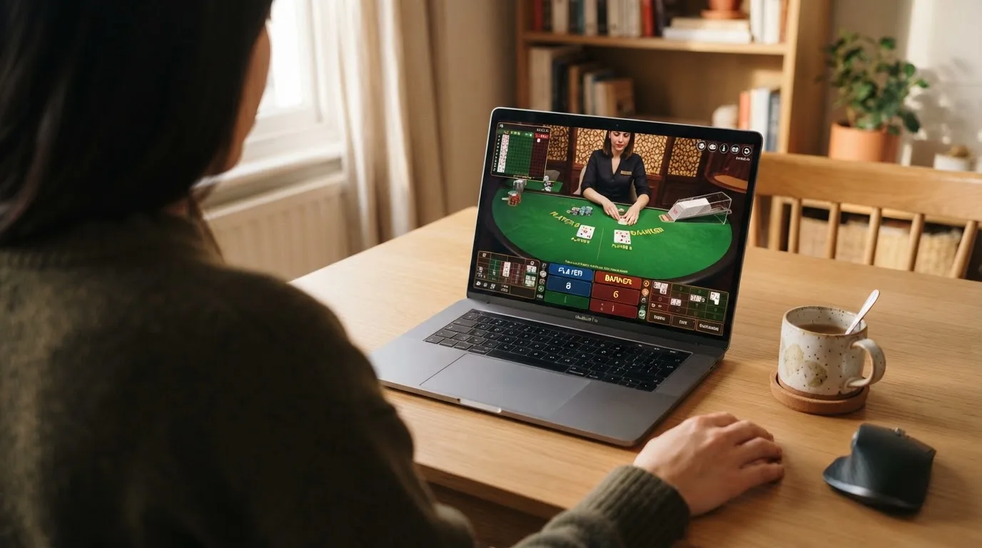 Person am Laptop liest eine Übersichtsseite zu Geldspielen im Internet — beste live baccarat schweiz