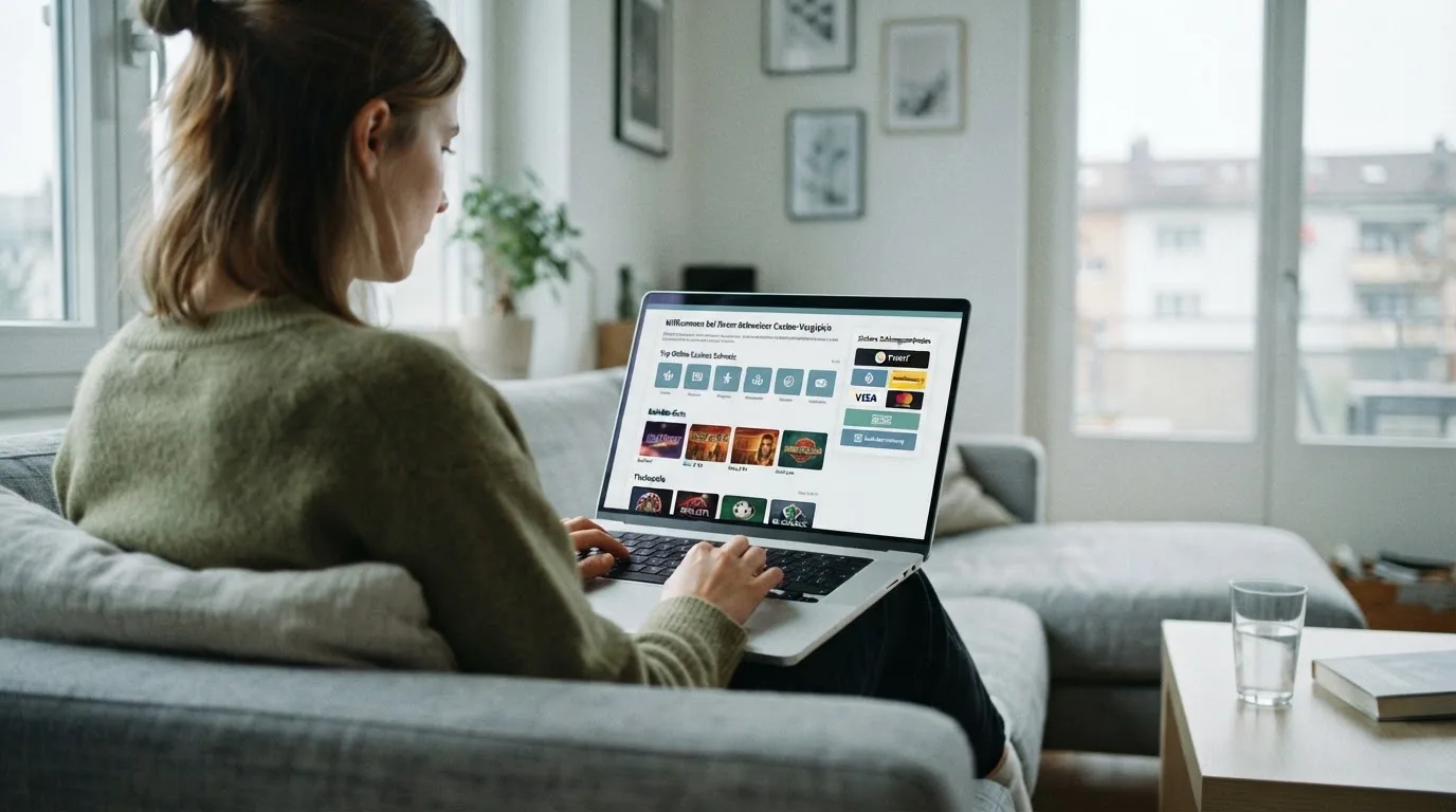 Person am Laptop liest eine Übersichtsseite zu Geldspielen im Internet — beste online casino ausland
