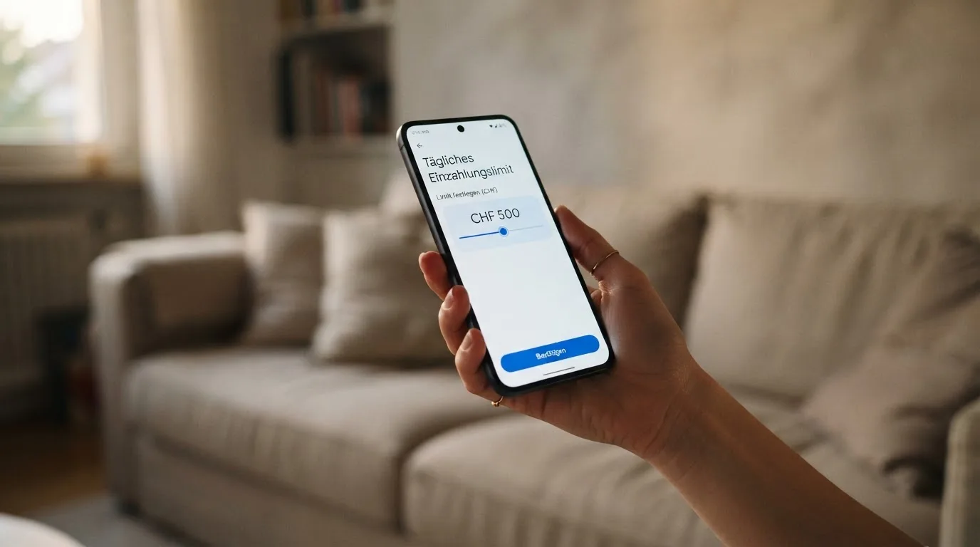 Hand hält ein Smartphone mit einem Formular zur Einzahlungsgrenze, ruhige Stimmung — beste online casino ausland