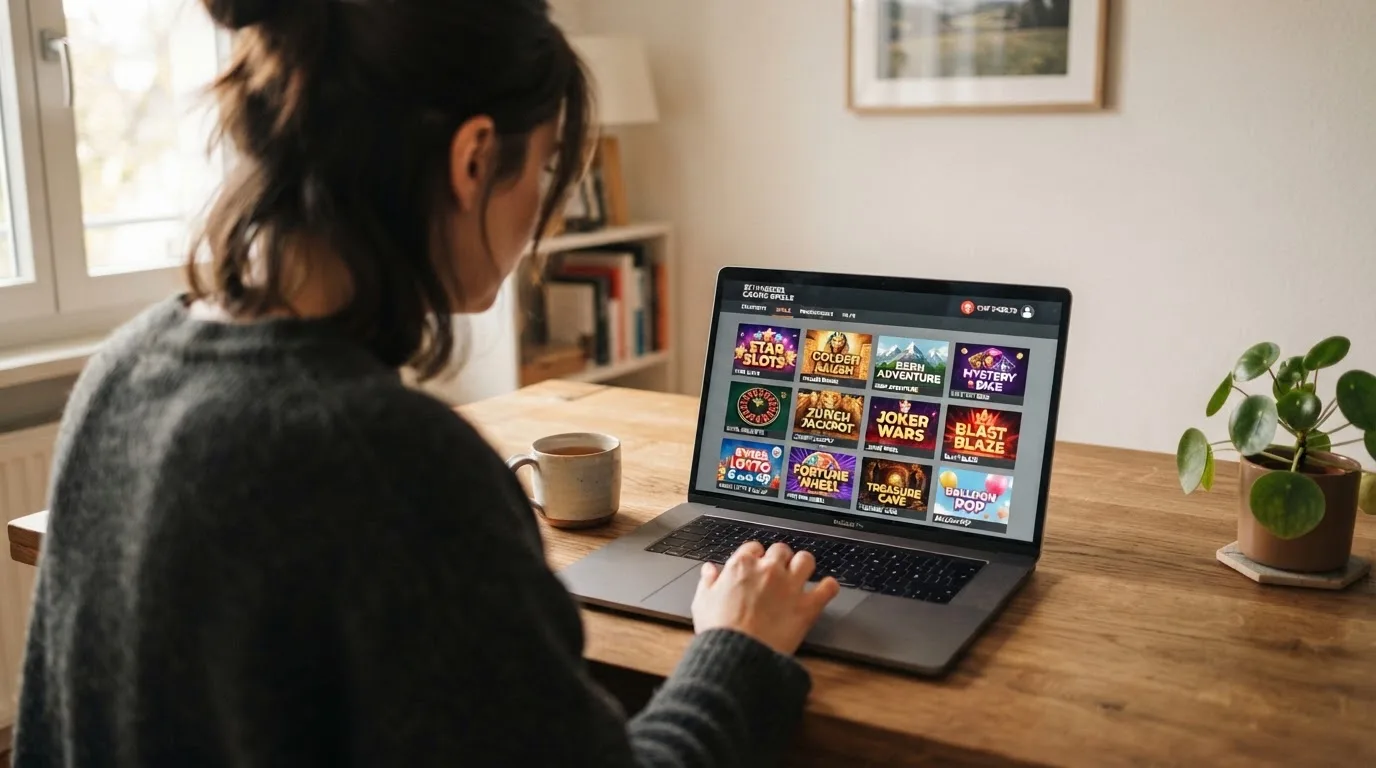 Person am Laptop liest eine Übersichtsseite zu Geldspielen im Internet — beste online casino echtgeld app