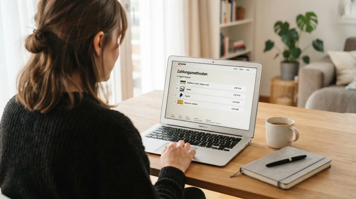 Person am Laptop liest eine Übersichtsseite zu Geldspielen im Internet — beste online casino mit apple pay bezahlen