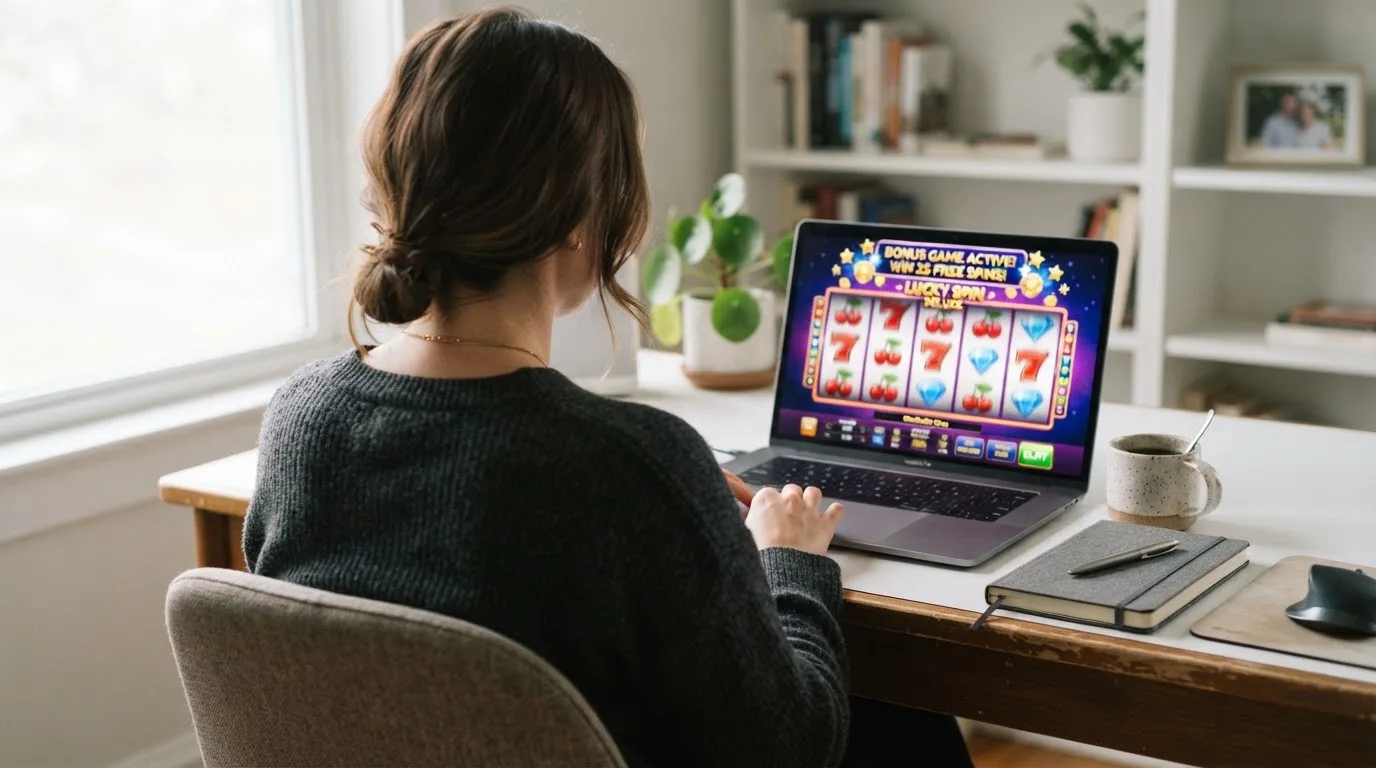 Person am Laptop liest eine Übersichtsseite zu Geldspielen im Internet — beste online casino mit banküberweisung bezahlen