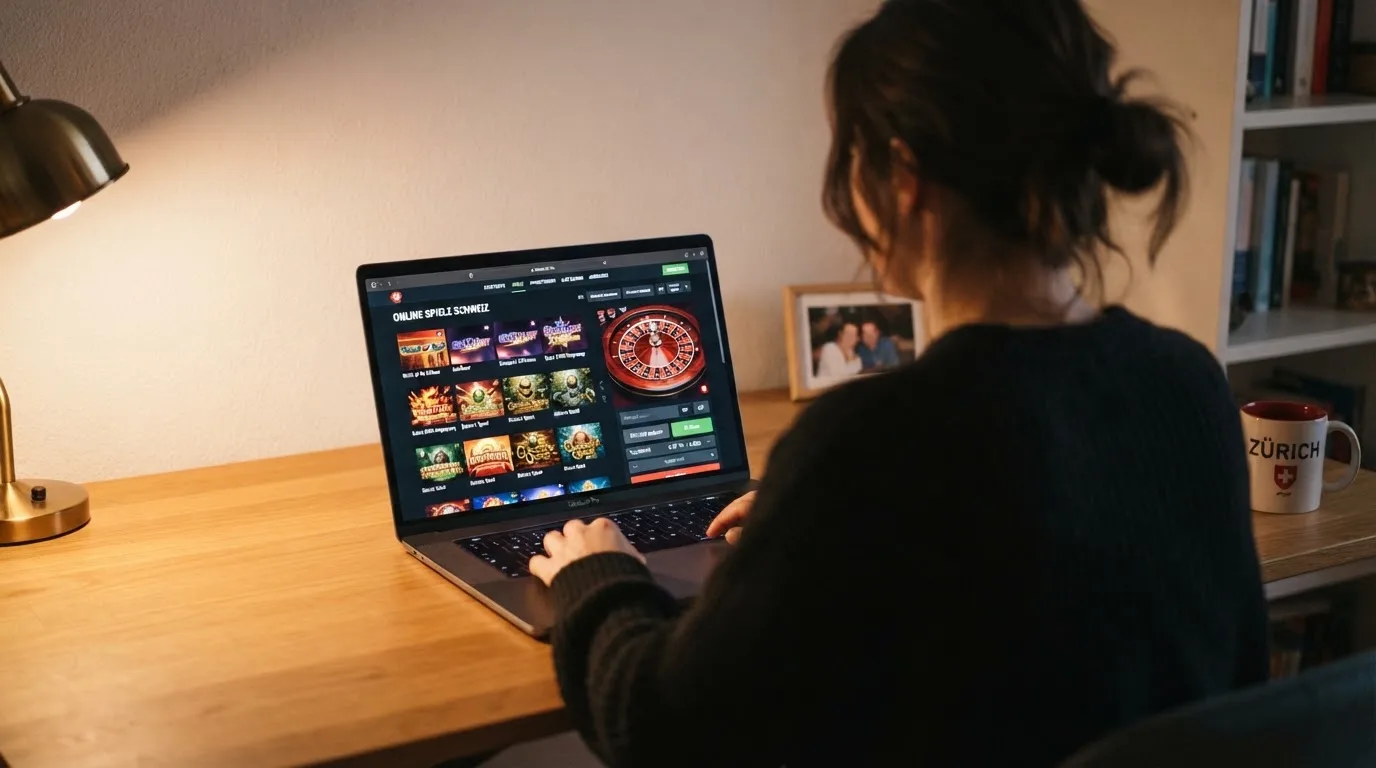 Person am Laptop liest eine Übersichtsseite zu Geldspielen im Internet — beste online casino mit cashtocode bezahlen