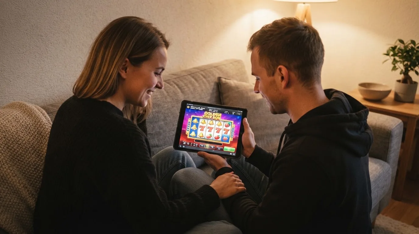 Junges Paar sitzt auf dem Sofa und schaut gemeinsam auf ein Tablet, warmes Wohnzimmerlicht.