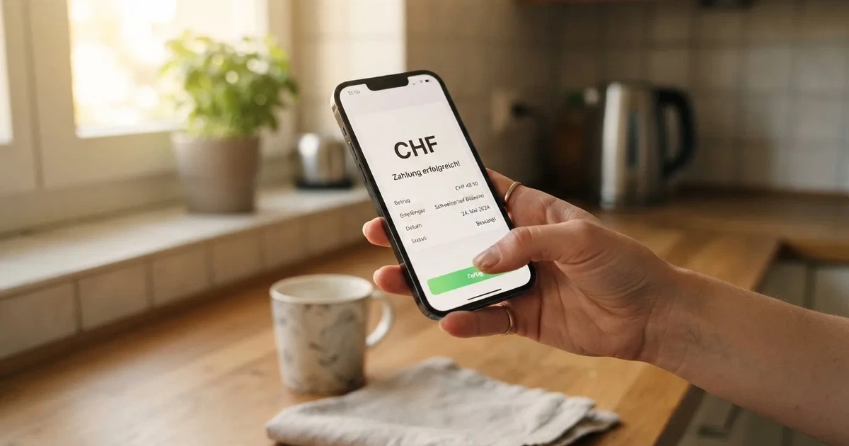 Nahaufnahme einer Hand, die eine App-Zahlung auf einem Smartphone in einer Küche bestätigt.