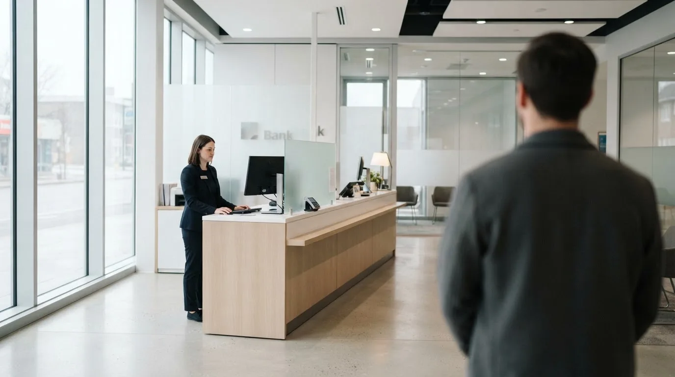 Blick über eine helle Bankfiliale mit Kundenschalter, im Vordergrund unscharf eine wartende Person.