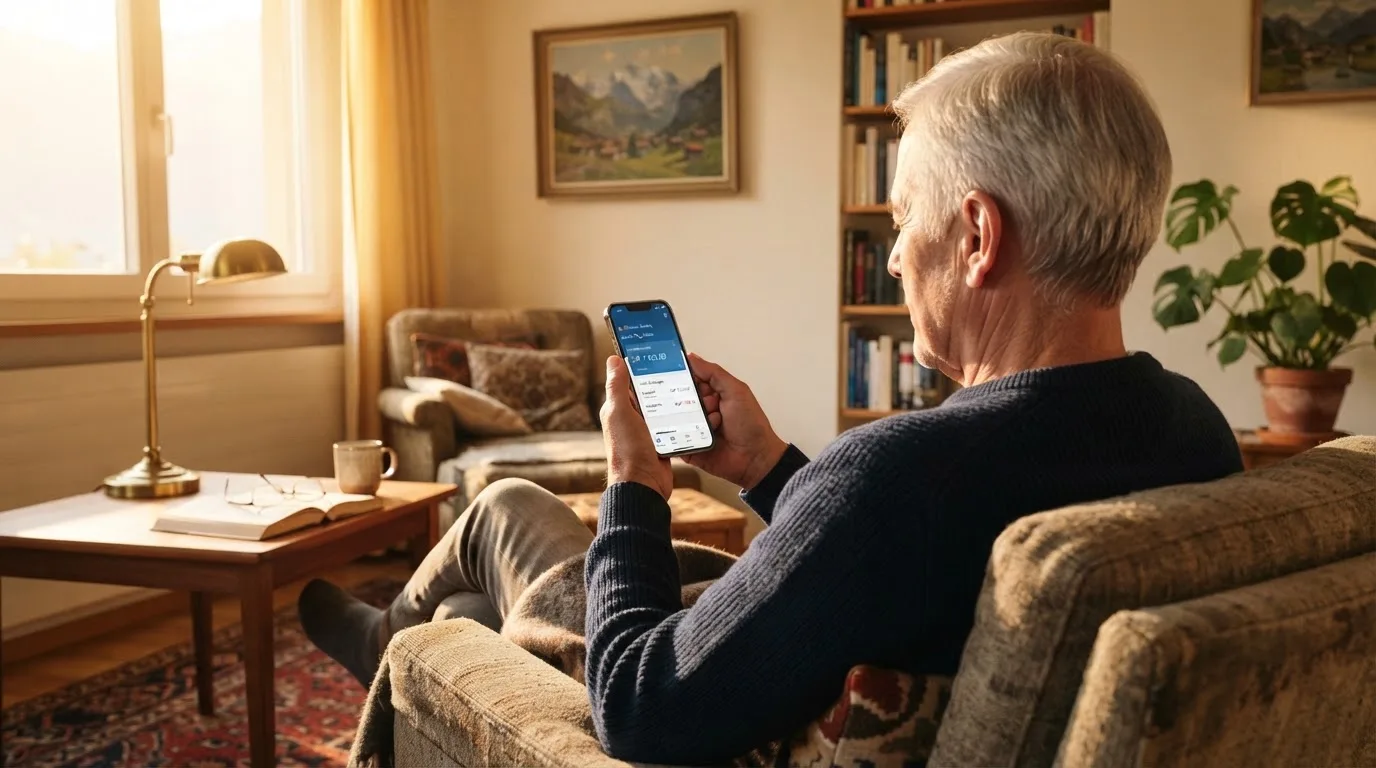 Älterer Mann sitzt im Wohnzimmer und liest ruhig auf seinem Smartphone, Nachmittagslicht durch das Fenster.