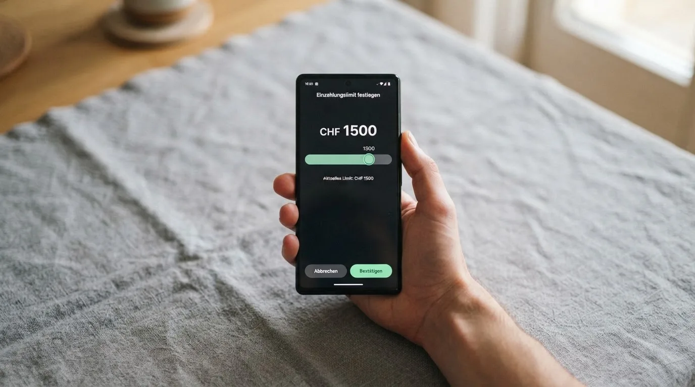 Hand hält ein Smartphone mit einem Formular zur Einzahlungsgrenze, ruhige Stimmung — beste online casino schweiz