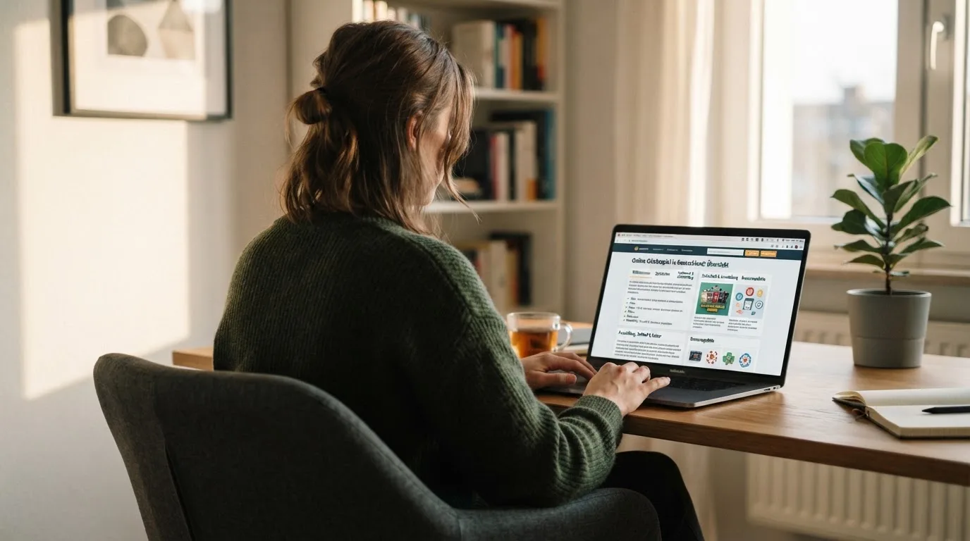 Person am Laptop liest eine Übersichtsseite zu Geldspielen im Internet — beste online casinos ohne verifizierung