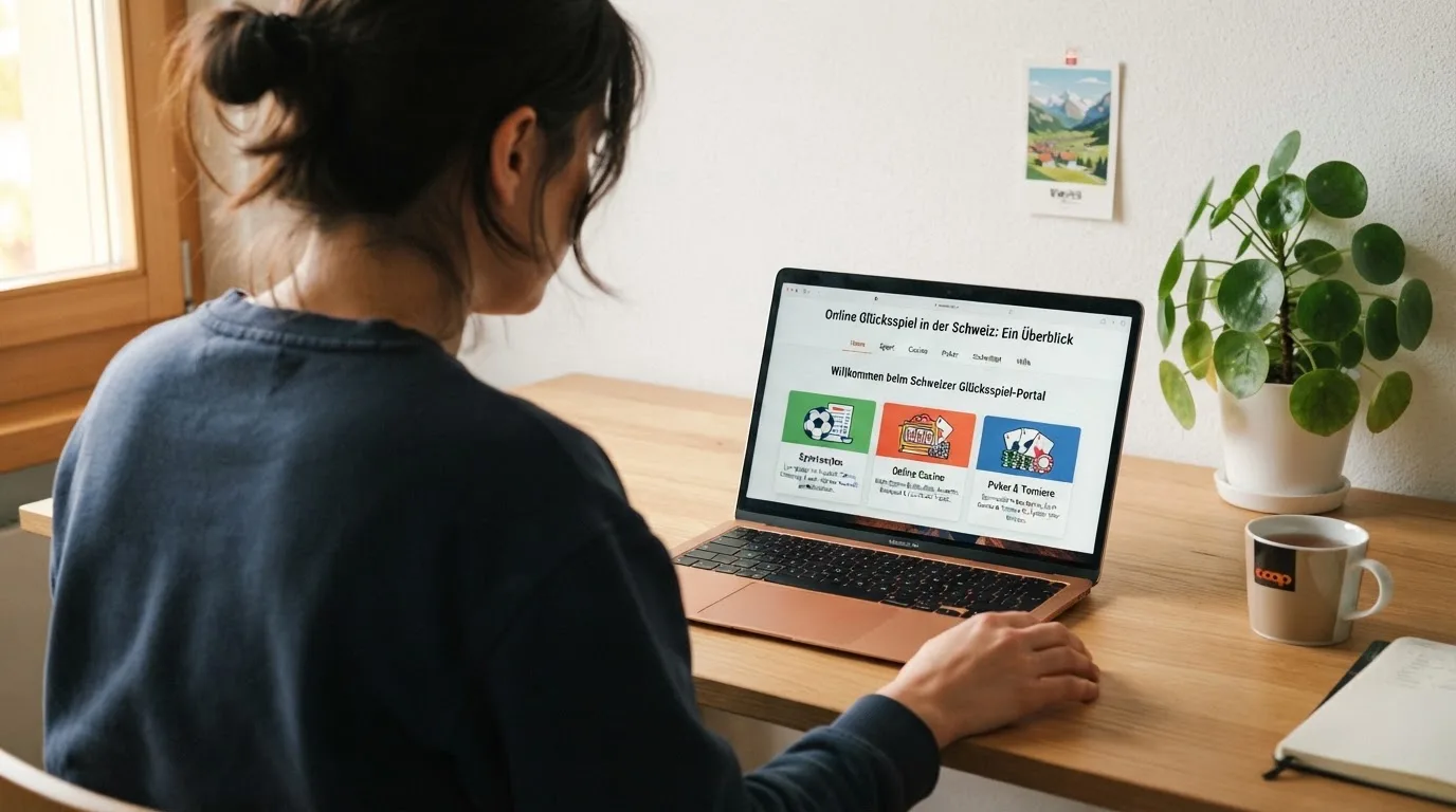Person am Laptop liest eine Übersichtsseite zu Geldspielen im Internet — beste online casinos schweiz mit no deposit bonus