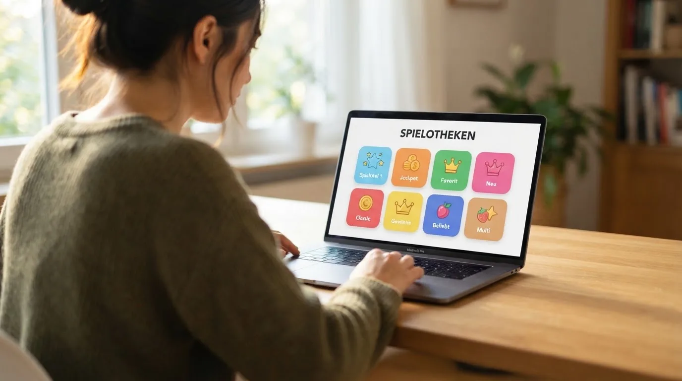 Person am Laptop liest eine Übersichtsseite zu Geldspielen im Internet — beste online spielothek casinos