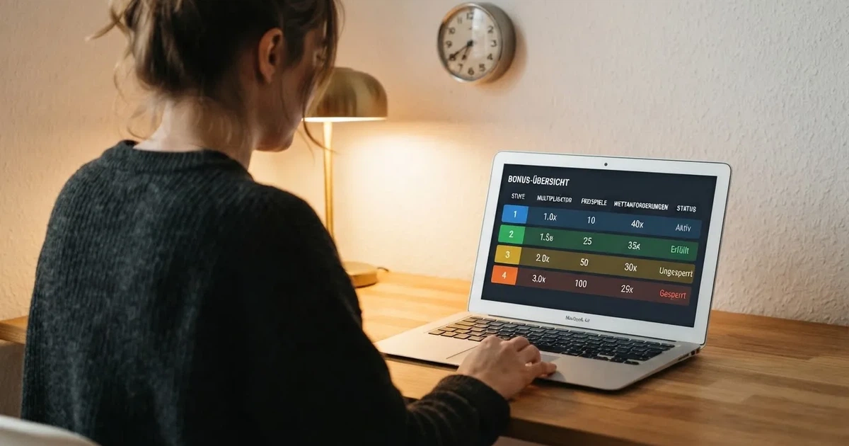 Bildschirm mit Bonusbedingungen, Einsatztabelle und einer Uhr im Hintergrund — bester willkommensbonus online casino