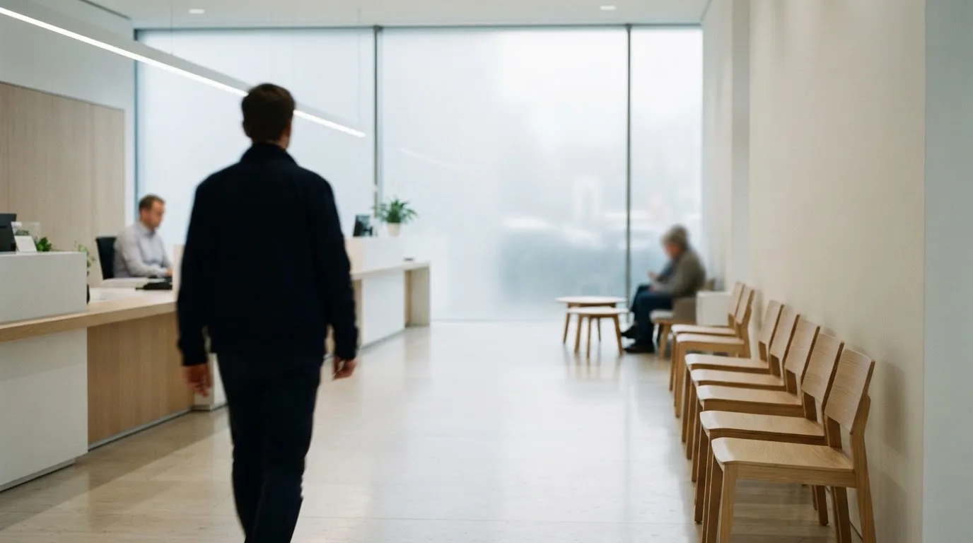 Blick auf eine helle Bankfiliale mit Wartebereich, im Vordergrund unscharf eine Person mit Jacke.