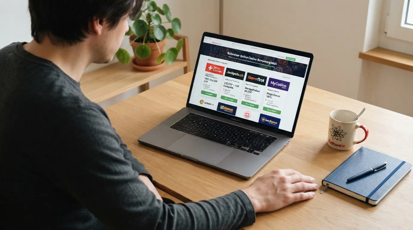 Person am Laptop liest eine Übersichtsseite zu Geldspielen im Internet — casino bonus ohne einzahlung