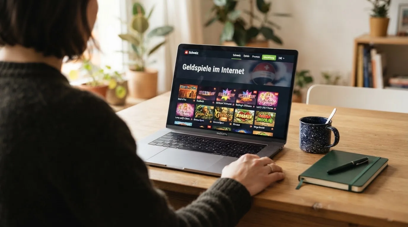 Person am Laptop liest eine Übersichtsseite zu Geldspielen im Internet — casino guthaben ohne einzahlung