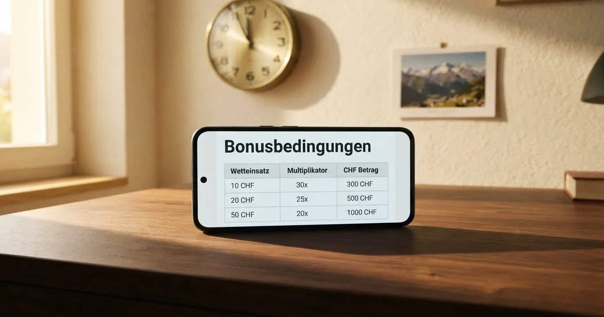 Bildschirm mit Bonusbedingungen, Einsatztabelle und einer Uhr im Hintergrund — casino guthaben ohne einzahlung