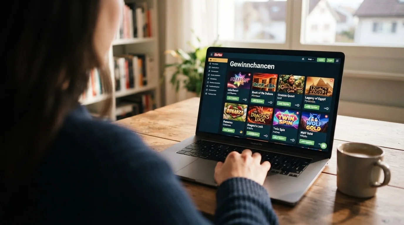 Person am Laptop liest eine Übersichtsseite zu Geldspielen im Internet — casino mit hoher gewinnchance