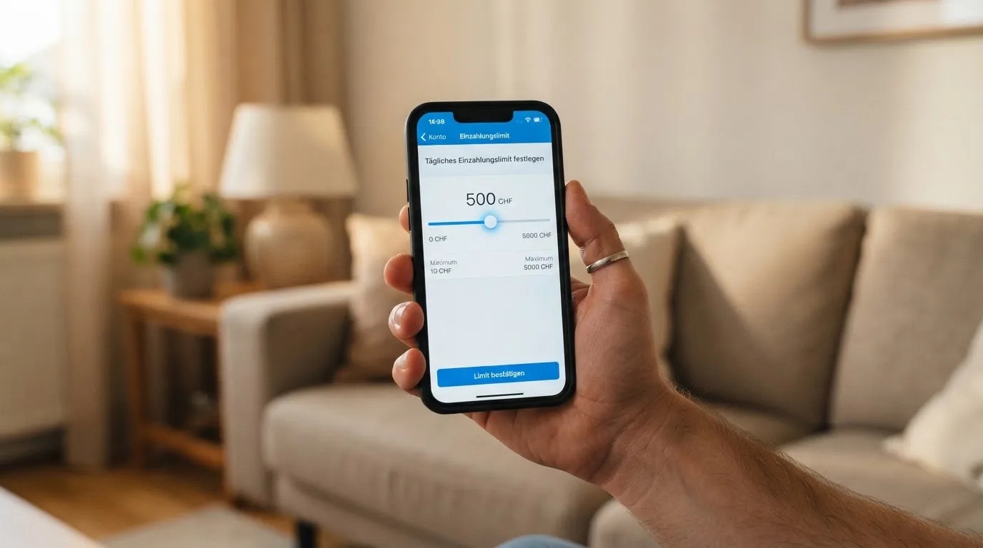 Hand hält ein Smartphone mit einem Formular zur Einzahlungsgrenze, ruhige Stimmung — freie 90 tage qualifikationszeitraum casino
