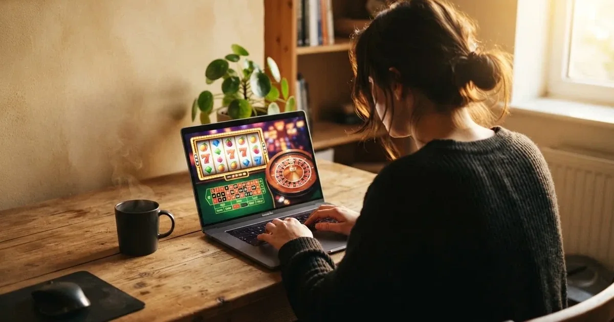 Person am Laptop liest eine Übersichtsseite zu Geldspielen im Internet — freie 90 tage qualifikationszeitraum casino