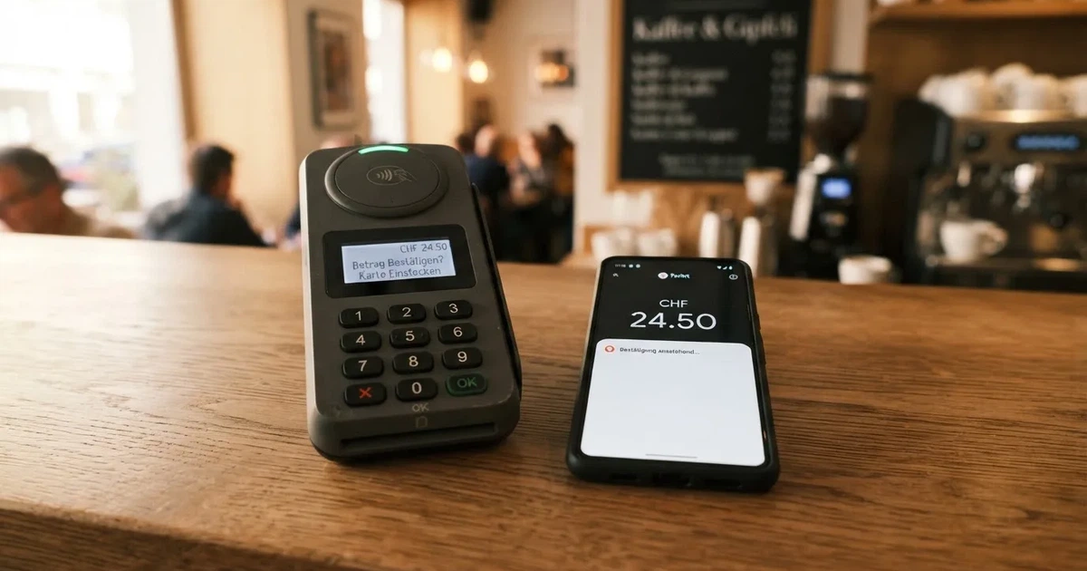 Kartenterminal und Smartphone mit einer ausstehenden Zahlungsbenachrichtigung — handy casino echtgeld bonus ohne einzahlung