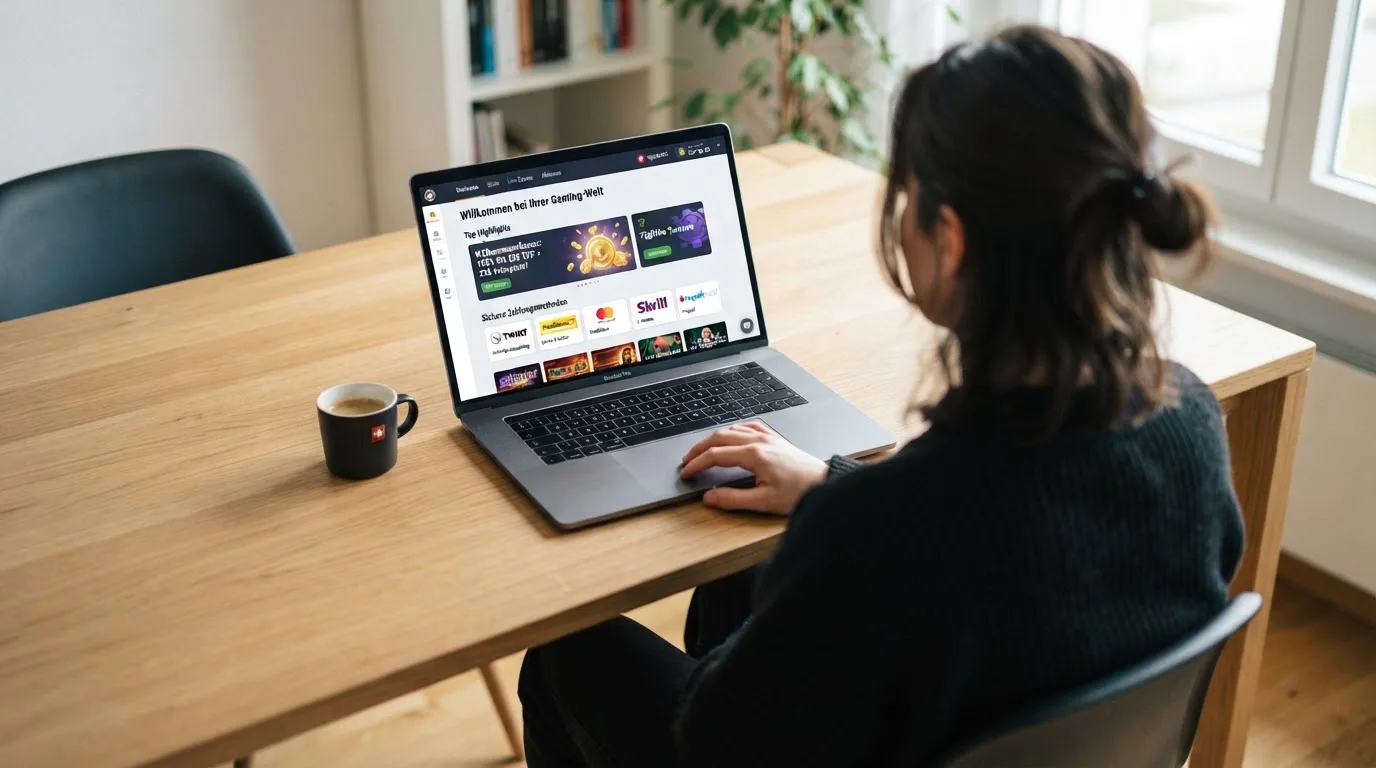 Person am Laptop liest eine Übersichtsseite zu Geldspielen im Internet — online casino bonus ohne einzahlung sofort