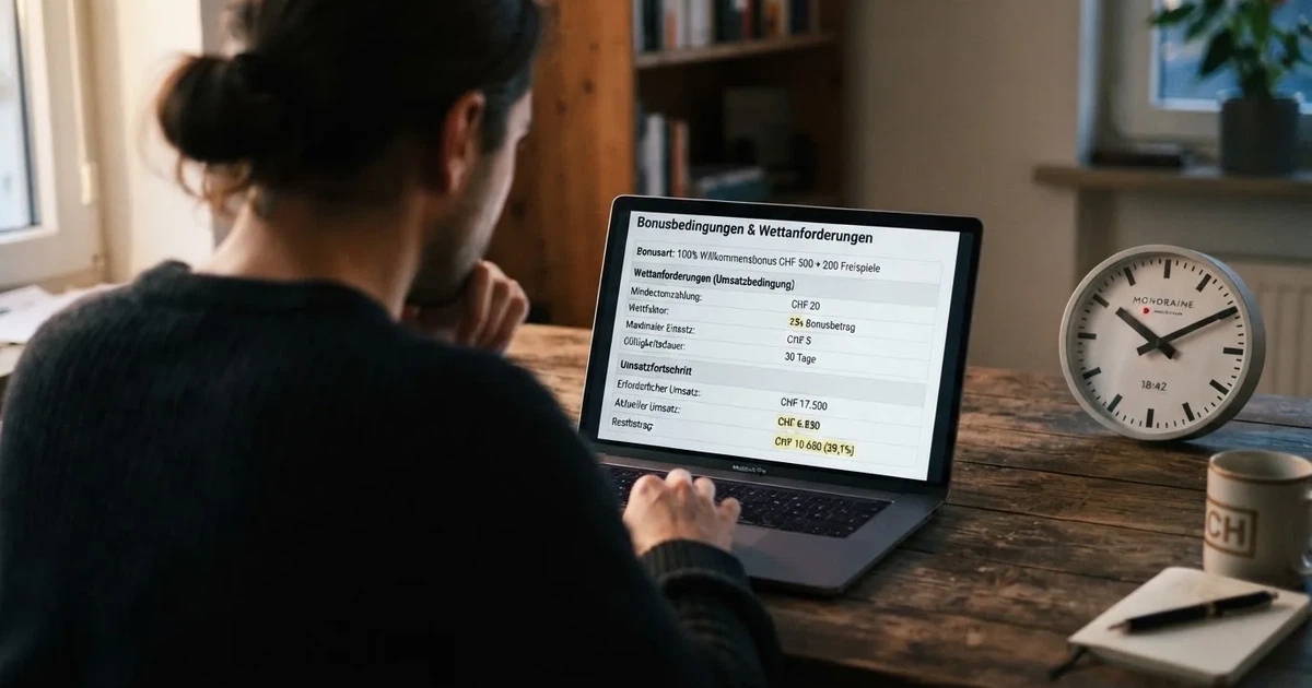 Bildschirm mit Bonusbedingungen, Einsatztabelle und einer Uhr im Hintergrund — online casino bonus ohne einzahlung sofort