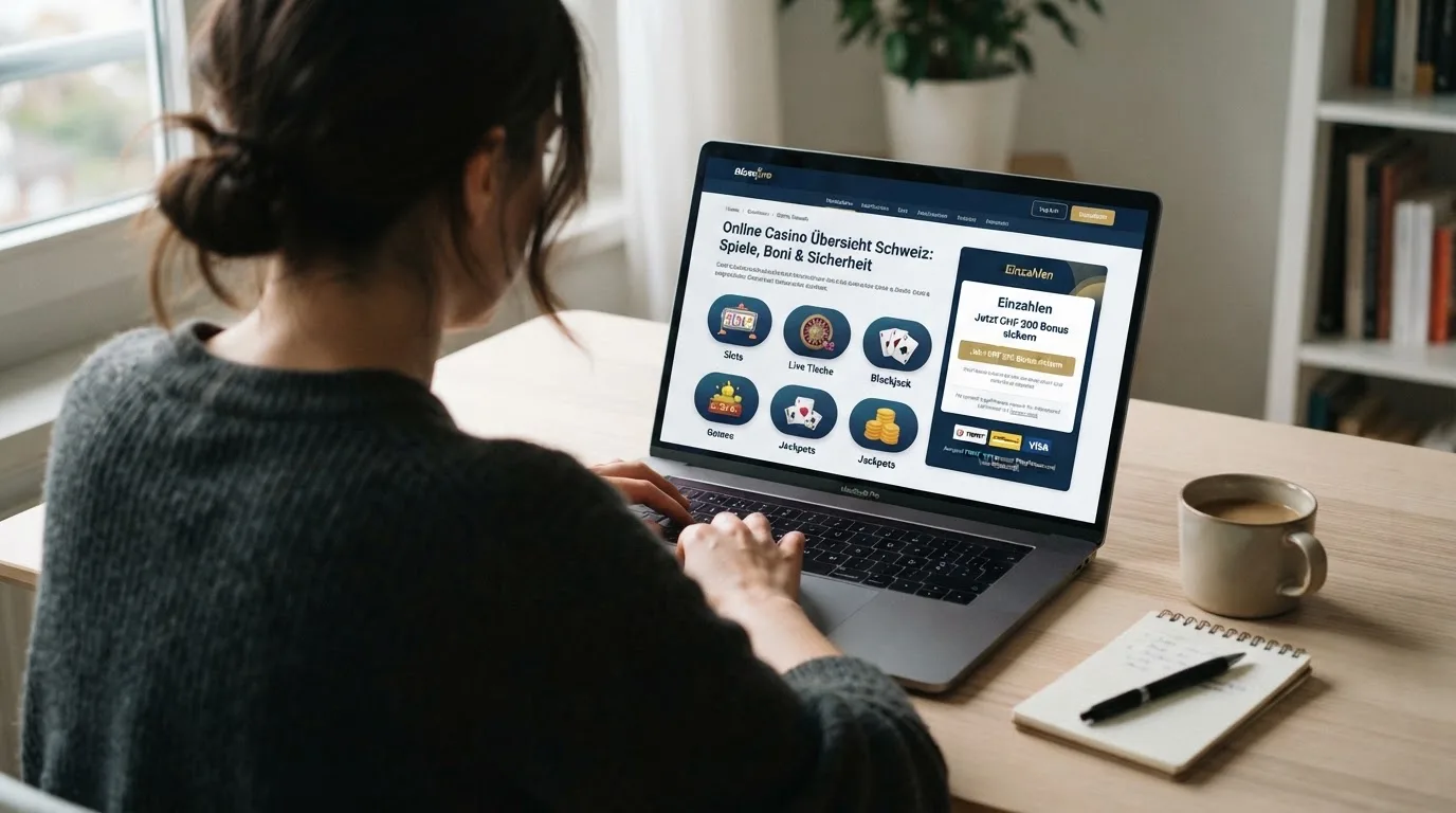 Person am Laptop liest eine Übersichtsseite zu Geldspielen im Internet — online casino bonusbedingungen
