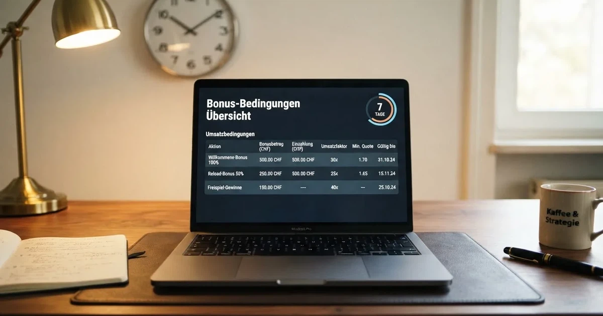 Bildschirm mit Bonusbedingungen, Einsatztabelle und einer Uhr im Hintergrund — online casino bonusbedingungen