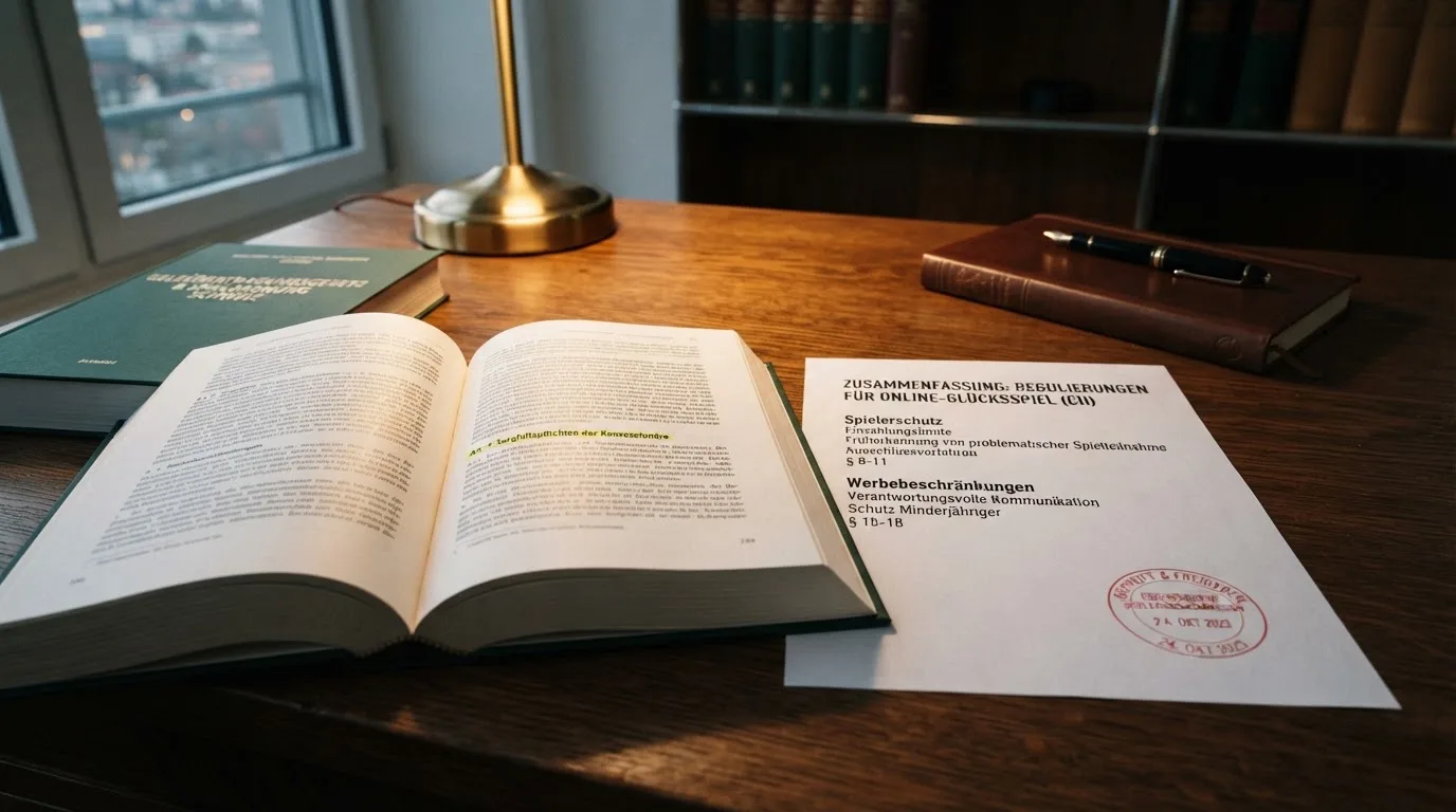 Amtliches Schreiben mit Stempel auf einem Schreibtisch neben einem Gesetzbuch — online casino bonusbedingungen