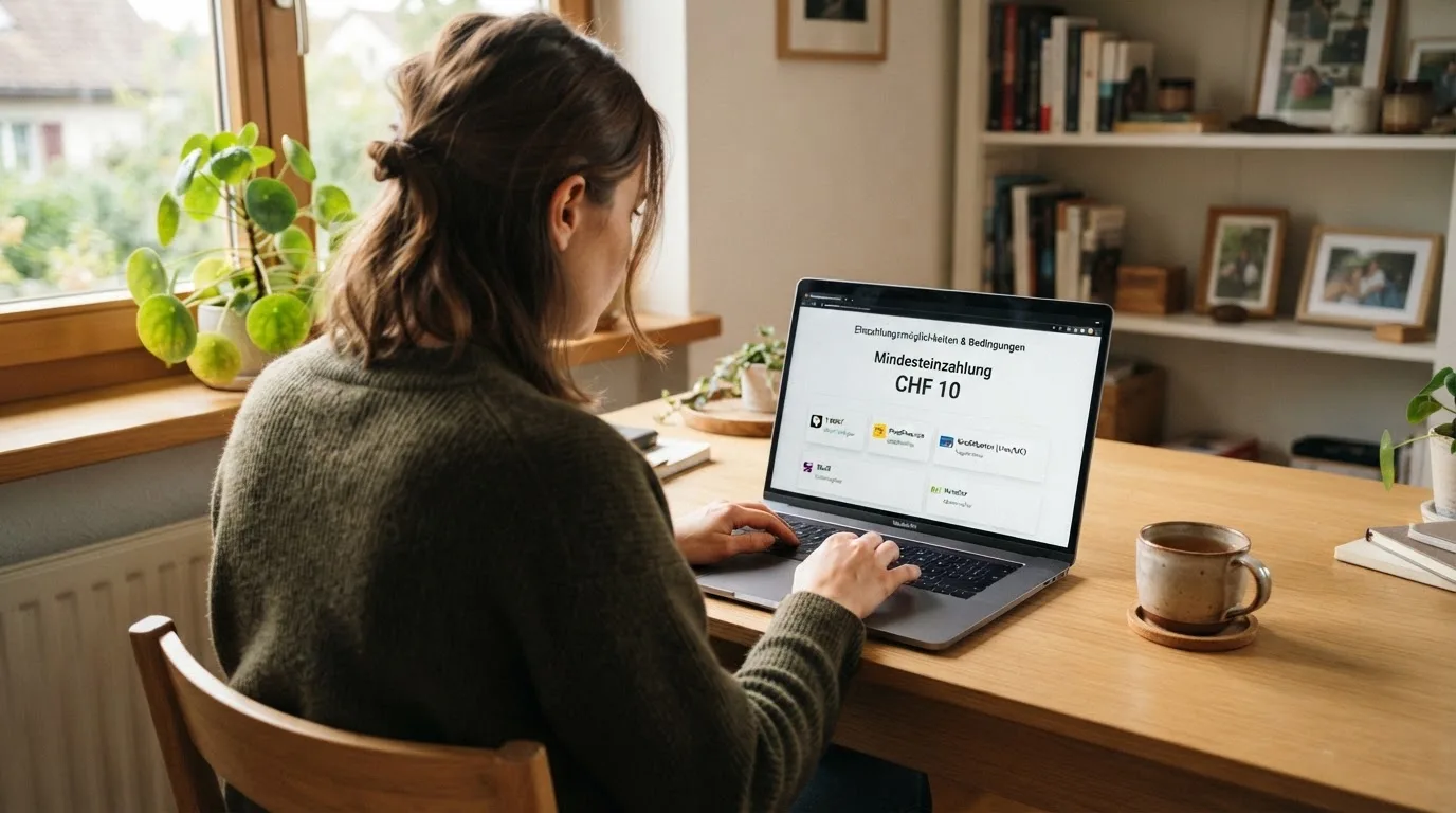 Person am Laptop liest eine Übersichtsseite zu Geldspielen im Internet — online casino einzahlungsbonus