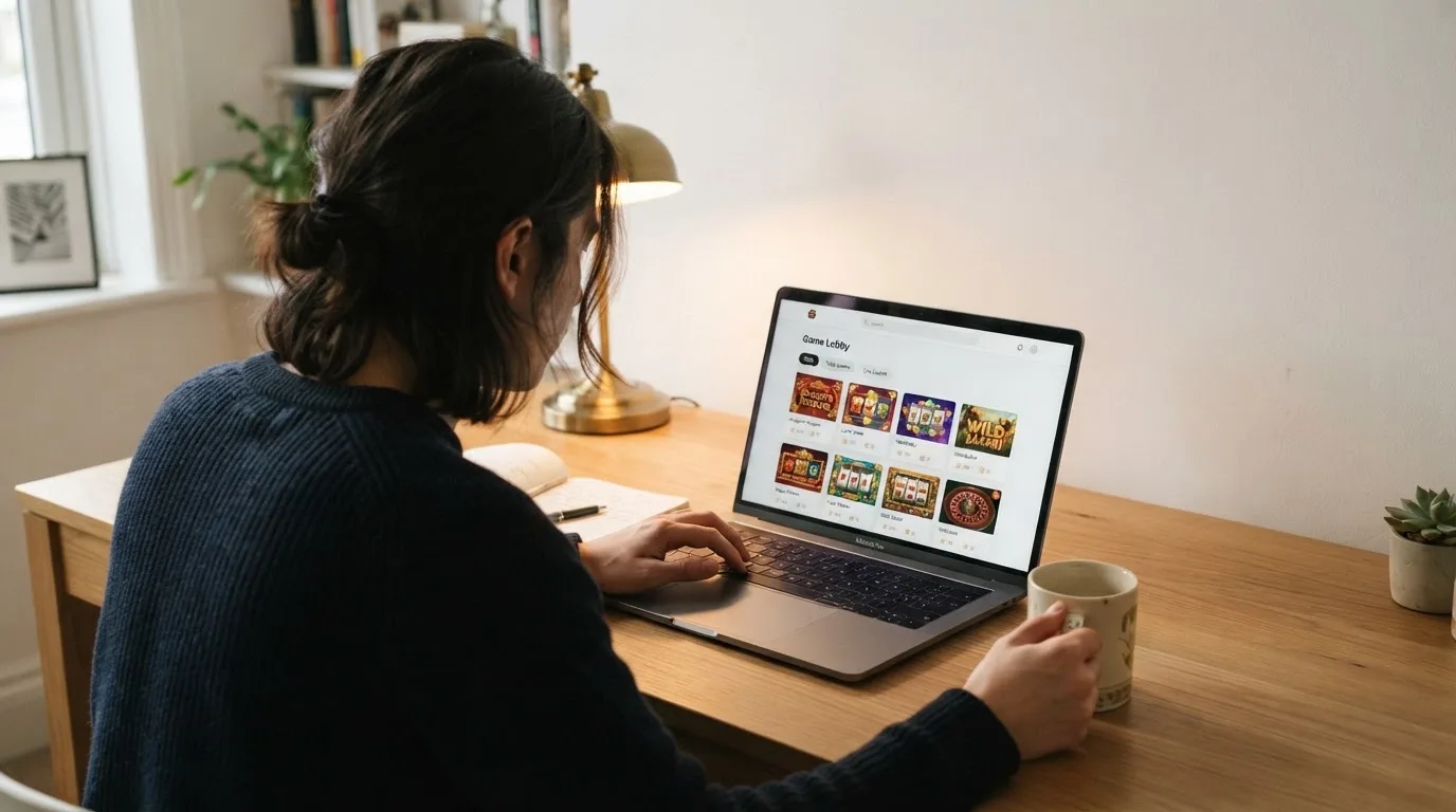 Person am Laptop liest eine Übersichtsseite zu Geldspielen im Internet — online casino mit autoplay