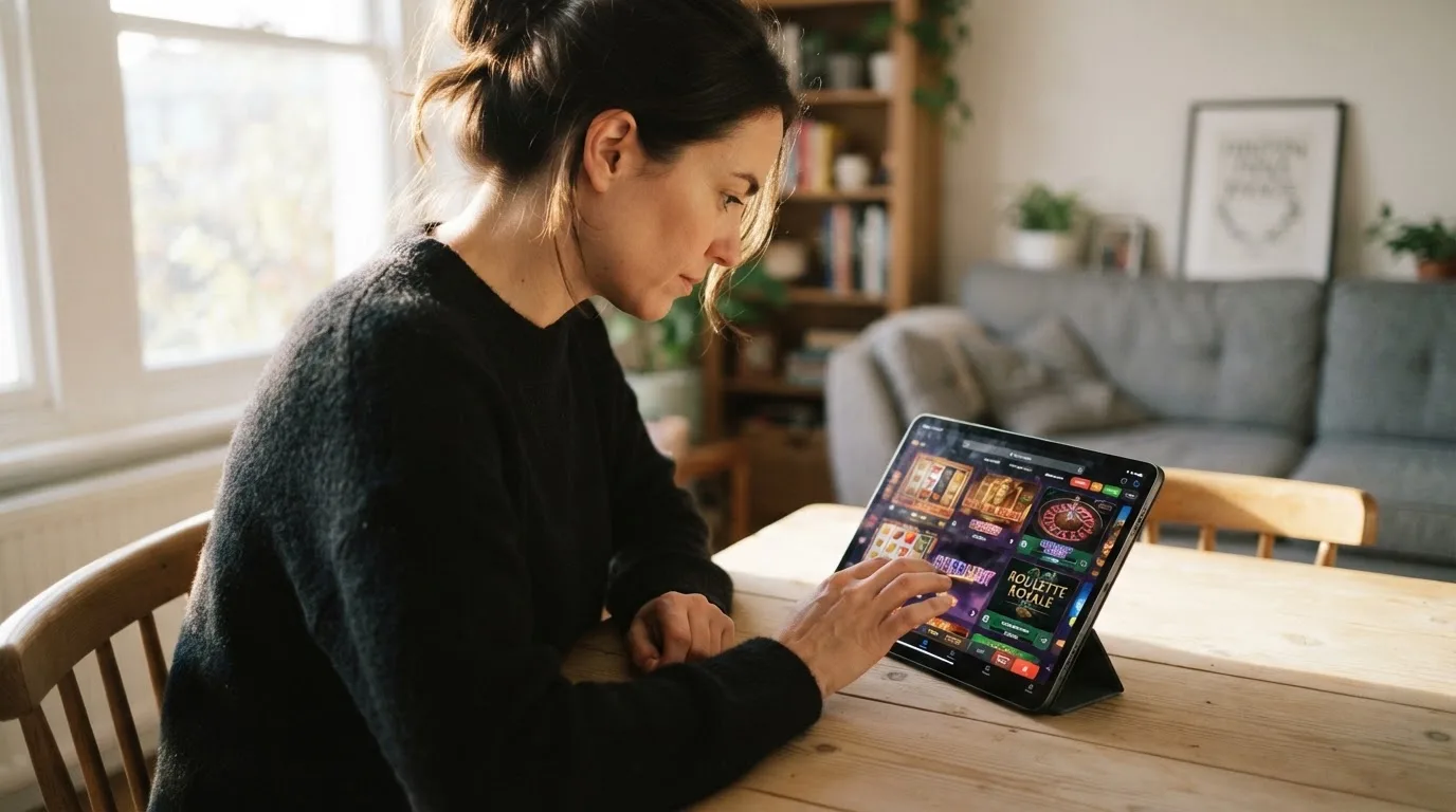 Frau sitzt am Wohnzimmertisch und schaut konzentriert auf ihr Tablet, Nachmittagslicht durchs Fenster.